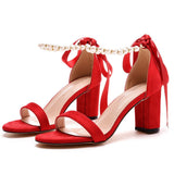 7 Cm Thick Heel Shallow Mouth With Velvet Sandals Round Head Square Sandals Beads Drifting Summer Sandals Woman HZ0115